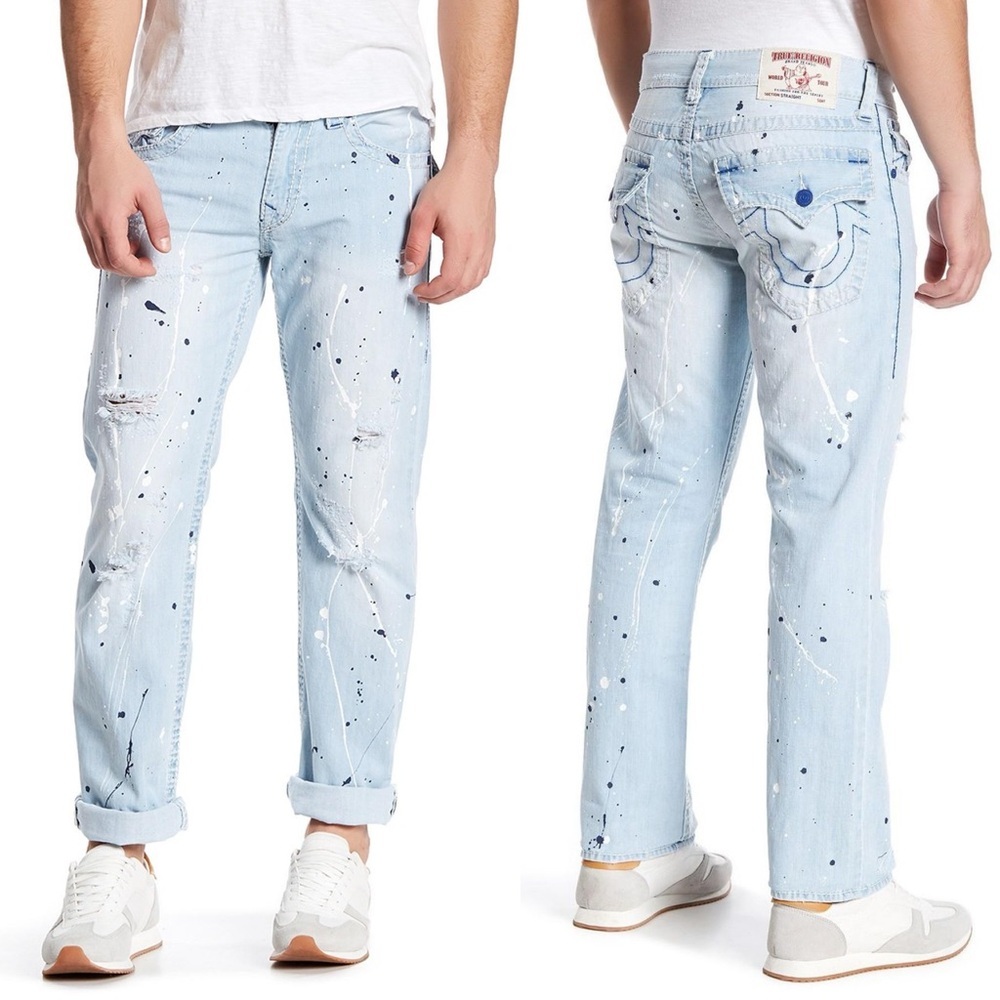 True Religion Light Blue Paint Splatter Acid Wash Straight Leg Jeans 34” X 32”